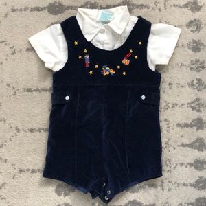 Vintage Button up top with Velvet Overall Set